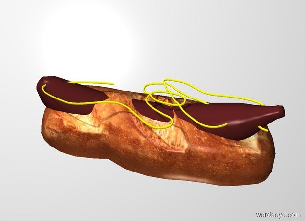 Input text: THE WHITE BACKDROP. A hot dog is -0.2 feet above the bread. It faces left. a .025 foot tall and .3 foot deep and .9 foot wide yellow rope is above the bread.