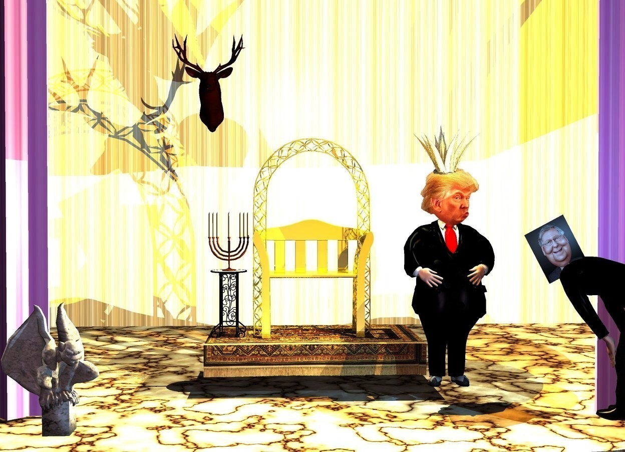 Input text: a throne is -10 feet in front of and -18 feet above a large [texture] stage. the curtain of the stage is purple. the stage of the stage is 5 feet wide [marble]. a man is in front of and -1 feet right of the throne. the suit of the man is black.the tie of the man is red. the button of the man is black. a  head is -1.3 feet above and -1 feet in front of the man. a 1.5 feet tall and 2 feet wide and 2 feet deep shiny gold crown is -.23 feet above the head. a worker is .5 feet in front of and right of the man. the shirt of the worker is black. he faces the man. a 30% lemon yellow light is 4 feet above the throne. a orange light is above and -2 inches in front of the man. a large decoration is 3 feet behind and 1 feet above and -1 feet left of the throne.a table is -1.3 feet left of and -7 feet above the throne. a menorah is on the table. a cement gargoyle is 4.5 feet in front of and 1.5 feet left of the throne. it faces southeast. camera light is 30% pansy lavender. the sun is invisible. a 1.4 feet tall mitch is -1.2 feet above and -1.8 feet behind and -1.4 feet left of the worker. it leans 28 degrees to the right. a pond blue light is in front of and -7 inch above the worker.