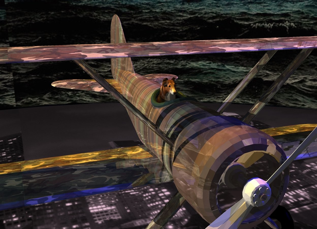 Input text: A 40% shiny camouflage plane is 500 feet above the ground. Ground is 2000 feet wide city. Sky is lightning. Sun is cream. An orange light is 30 feet above the plane. Camera light is black. 2 navy lights are 10 feet above and 2 feet in front of and right of the plane. A dog is -4.7 feet above and -9 feet in front of the plane.