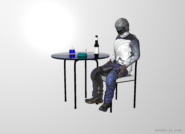 Input text: a 2.6 feet tall and 3 feet wide and 3 feet deep table. a white chair is -.8 feet right of the table. it faces southwest. a 4 feet tall man is -2.6 feet above and -1.7 feet in front of the chair. he faces the southwest. the jacket of the man is sliver. the glove of the man is peach. the helmet of the man is gray. a beer bottle is -.7 feet right of and on the table. a group is 1.2 feet left of and .3 feet behind the beer bottle. it faces southeast a ashtray is in front of and .4 feet right of and .4 feet in front of the group. it is on the table. a cigarette is -2 inch right of and -1 inch above the ashtray. it leans left. the backdrop is white.