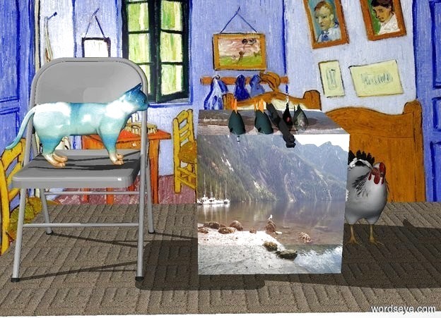 Input text: a [cloud] cat watches five fish. the cat is on a chair. the five fish are inside a big water cube. The fish are rotated randomly. A chicken is 2 inches to the right of the cube. the water cube is on a carpet. they are in a room. 