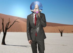 The silver disk is -11 inches above the businessman. The disk is 2 inches tall and 12 inches wide. it is -10 inches in front of the man. it is face down.

the 6 foot tall woman is 7 feet in front of the man. she is facing the man. the fantasy wall is in front of the woman.

the fantasy backdrop.