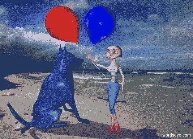 Input text: a 1st 100 inch tall shiny red balloon.the 1st balloon leans 40 degrees to right.a 100 inch tall woman is -150 inch above the 1st balloon.sky is black.the 1st balloon is -40 inch left of the woman.the 1st balloon is -18 inch in front of the woman.a 2nd 90 inch tall shiny blue balloon is -65 inch right of the 1st balloon.the 2nd balloon leans 20 degrees to left.a 100 inch tall  delft blue dog is left of the woman.the dog is facing northeast.