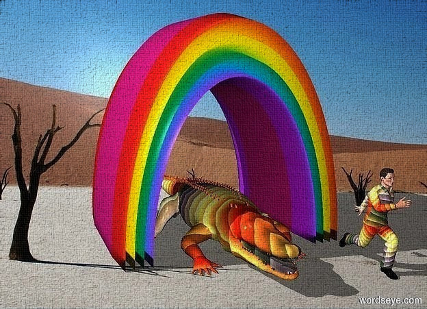 Input text: a 850 inch tall and 850 inch wide and 700 inch deep rainbow.sky is black.a 200 inch tall rainbow crocodile is -850 inch above the rainbow.a 350 inch tall rainbow man is right of the crocodile.the man is -260 inch in front of the crocodile.
