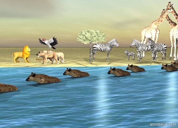 Input text: the hyena is a foot from the jackal. the large vulture is above the jackal.

the ground is dirt. it is cloudy. the very small acacia is 6 feet behind the hyena. 1st herd is behind it. A pride is next to the hyena. 2nd herd is behind the herd.  A lake is east of the acacia. A pack is 20 feet east of the jackal and -2 feet above the lake.