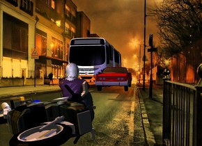 the street backdrop. the woman is facing back. the shirt of the woman is violet. the head of hair of the woman is white. the [texture] motorcycle is -4 feet above and -10 feet behind the woman. it is facing southeast. it is leaning 80 degrees to the left. the red car is 15 feet behind the woman. a second vehicle is -3 feet behind and to the left of the car. the mauve light is 2 feet above and 3 feet in front of the woman.  the camera light is black. A white light is 1 foot in front of the woman. it is 3 foot above the ground. the sun is orange. 