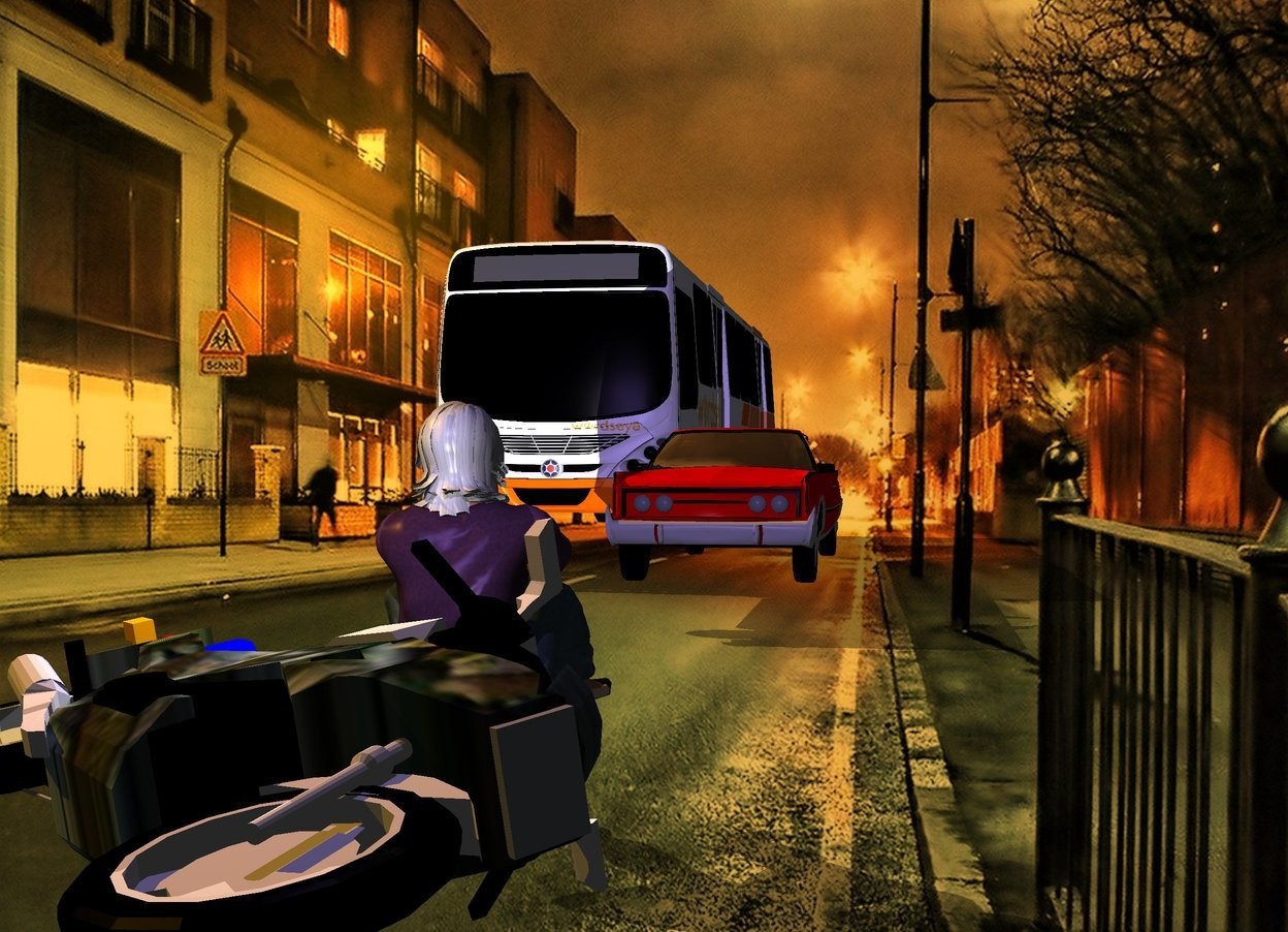 Input text: the street backdrop. the woman is facing back. the shirt of the woman is violet. the head of hair of the woman is white. the [texture] motorcycle is -4 feet above and -10 feet behind the woman. it is facing southeast. it is leaning 80 degrees to the left. the red car is 15 feet behind the woman. a second vehicle is -3 feet behind and to the left of the car. the mauve light is 2 feet above and 3 feet in front of the woman.  the camera light is black. A white light is 1 foot in front of the woman. it is 3 foot above the ground. the sun is orange. 