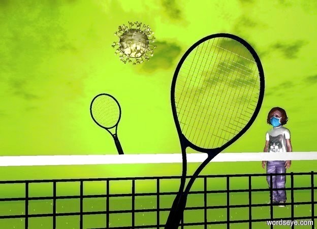 Input text: a 1st tennis racket leans to the left. a 2nd tennis racket is 10 feet behind the racket. it leans to the right.  a yellow covid is 5 feet in front of and above the racket. ground is invisible. sky leans 10 degrees to the back. sun's azimuth is 0 degrees.  a net is 2 feet beneath the COVID.  a person faces the COVID. the person is 5 feet behind and -4 feet right of the net. sun is lawn green.