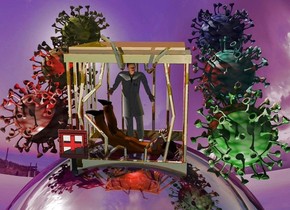 Dark purple shiny backdrop. Small 50% dark gold cage is 2 inch in a huge dark purple shiny sphere. Camera light is black. A man fits in the cage. He faces east. A 1 foot high medical doctor is -6 inch above the man. A red light is above the man. A dim lemon light is right of the cage. A cream light is -12 feet above and 10 feet in front of and right of the cage. A red covid is left of the cage. An orange covid is behind and -6 inch above the covid. A yellow covid is behind and -6 inch above the covid. A green covid is right of the cage. A cyan covid is behind and -6 inch above the covid. A blue covid is behind and -6 inch above the covid. Sky is leaning 10 degrees to the front. An extremely tiny 20% shiny sign is -3 inch left of and -2 inch in front of the cage. Sun is cream.