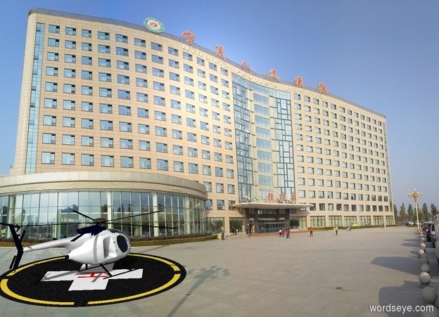 Input text: A helipad.
A 64 feet deep helicopter is on the helipad.
The helicopter is facing southeast.
Its rotor is black.
Backdrop is [hospital].
It is afternoon.