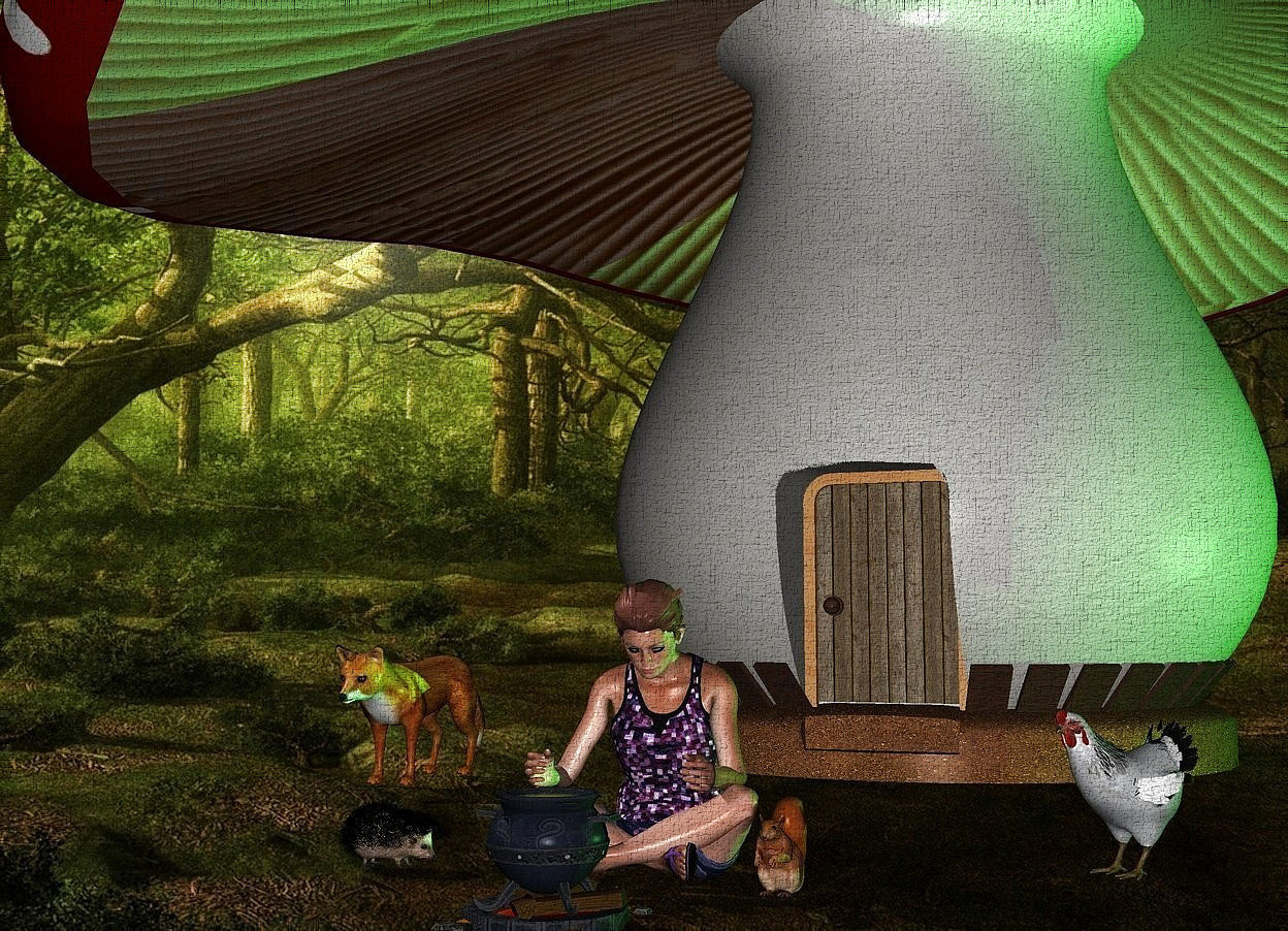 Input text: a 20 feet tall house.fantasy backdrop.a woman is -3 feet in front of the house.a small cauldron is in front of the woman.a hedgehog is 1 feet left of the woman.it is facing the woman.a large fox is 5 feet behind the hedgehog.it is 3 feet left of the hedgehog.a chicken is 2 feet right of the woman.it is behind the woman.the chicken is facing southwest.a 80% lime light is right of the house.a squirrel is right of the woman.
