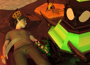 pale human is facing up. ambient light is dusty rose. sun is old gold. camera light is lime green. ground is black and shiny. 5 foot long shiny black structure is right of human. structure is 2 foot in ground. structure's roof is shiny lime green. pale shiny  fish is -0.6 foot left of structure's roof and -3.8 foot to front. dark flower is -2 foot left of human and -3 foot to back. flower is leaning 25 degrees to ground. 1 foot tall shiny sword is -0.75 foot left of human and -2.6 foot to back. sword is upside down. sword is leaning -40 degrees to east. sword is 5 inch above ground. sword's grip is black. sword's handhold is black.  3 foot wide shiny black wave is 0.5 foot behind structure and -1 foot to left. wave is 0.1 inch in ground. 0.45 foot wide gold crown is -5  inch  above human and -0.6 foot to back. crown is -0.9 foot to right. crown is leaning 30 degrees to right.  big dodecahedron is 0.9 foot behind structure and -2.2 foot to right. dodecahedron is 3 foot in ground. dodecahedron is 3 foot wide pale 10% reflective [honeycomb]. 1 foot long bee is -1 inch above dodecahedron and -2 foot to front.  bee is -2 foot to left. bee is facing human. 
3 foot wide lake is 8 inch behind wave. lake is 2 foot wide 25% reflective [water]. lake is facing left.