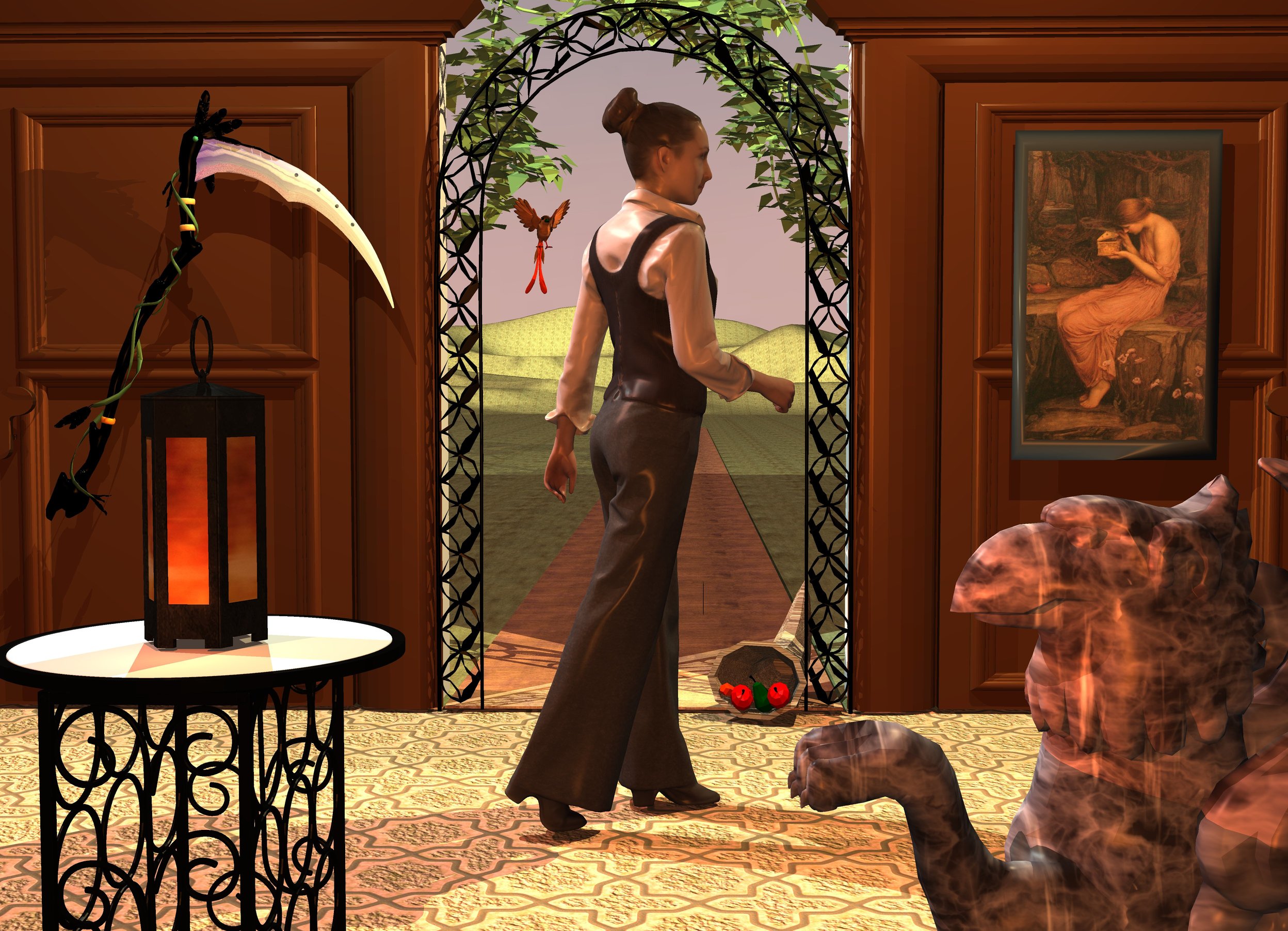Input text: lantern is on table.  woman is 5 foot behind table and -1 foot to right. woman is facing northeast. 3 foot tall gryphon is 1.2 foot right of table and -0.5 foot to back. gryphon is facing back. gryphon is 1 foot wide [texture]. 7 foot tall black archway is 2 feet behind woman. first  7 foot tall and 10 foot wide  
mocha brown door  is -6 inch left of archway. second 7 foot tall and 10 foot wide mocha brown door is -6 inch right of archway. 7 foot tall and 10 foot wide mocha brown first wall is -1 inch behind first door and -9.5 foot to left. 7 foot tall and 10 foot wide mocha brown second wall is -1 inch behind second door and -9.5 foot to right. 40 foot wide floor is -6 inch in front of archway and -1.3 inch above ground. floor is  5 foot wide dark  [texture]. ground is 10 foot wide [texture]. 4 foot deep and 100 foot long square is -1 inch behind archway. square is facing left. square is 3.5 foot wide [texture]. 6 foot wide  pistachio green common ivy is 1 inch behind archway and 2.5 foot in archway. common ivy is -4.8 feet to right. [texture] bird  is -16 inch left of archway and 12  inch behind archway.  bird is 4.3 feet above ground. bird is facing gryphon. cornucopia is -10 inch behind archway and -18 inch to right. cornucopia is facing woman. cornucopia's horn is [fabric]. [painting] painting is -4.5 inch in front of second door and -4.05 feet to left. painting is 2.55 feet above ground. 4.5 foot tall scythe is -4 inch in front of first door and -4.6  feet to right. scythe is 1 feet above ground. scythe is facing back.  scythe's handle is black. scythe's leaf is black. scythe's blade is shiny. scythe is leaning 25 degrees to right. sun is cinnamon brown. camera light is old gold. powder blue light is 1 foot in front of archway and 7 foot above ground. light is 1 foot to left. sand gold light is 1 foot in front of archway and 7 foot above ground. light is 1 foot to right. tiny terracotta light is in front of lantern.