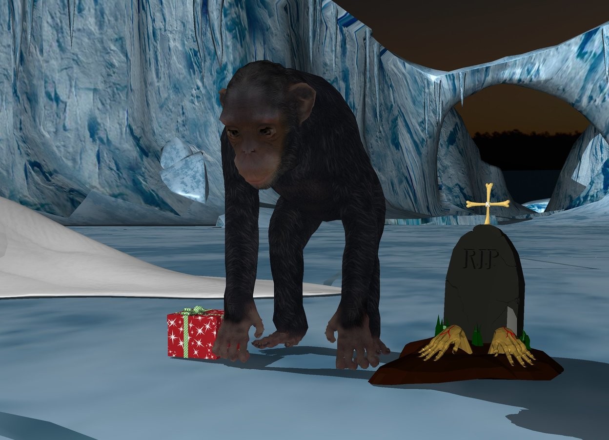 Input text: a windy day. snow. the sky is dark. the ground is covered with snow. a chimp stands next to a grave. chimp holds a shovel.