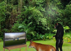 jungle backdrop.
a fox.
a 1st small table is 2 feet in front of the fox.
a tv is on the table.
it is facing the fox.
the tv ' s display screen is [M&L].
a chimp is 1 feet left of the fox.