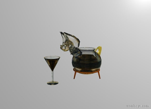 Input text: a clear teapot. a  clear white spout is -1.2 feet above and -1.2 feet right of the teapot. it faces right.it leans 47 degrees to the front. backdrop is white. a gold iota is -.5 feet left of and -1.9 feet above the teapot. it is upside down. it faces back. a huge glass is 1.5 feet right of the teapot. a 1 feet wide and 1 feet deep and 1 feet tall  clear purple cone is -1.3 feet above the glass. it is upside down. a .8 feet tall and 2.5 feet wide and 2.5 feet deep clear purple bowl is -2 feet above the teapot. a lavender light is -8 inch above the teapot. ground is white