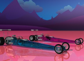the ground is shiny flamingo pink. The sky is stars. There is a shiny aqua glass race car 5 feet to the left of another magenta glass car.
