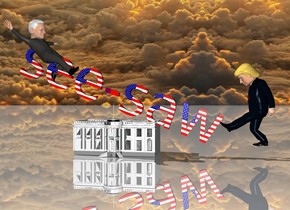 the ground. the [flag] see-saw is 1.5 foot in the white house. it is leaning 20 degrees to the left. the white house is 3 feet wide. the ground is shiny. the small trump is -2 inches to the right of the see-saw. he is facing left. the small Biden is -3 feet to the left and -1.5 feet in front of the see-saw. he is facing right. he is 2.2 feet above the ground. he is leaning to the front. 