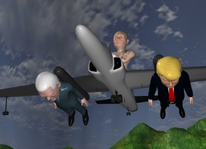 The tiny plane is 4 feet above the ground. The Putin is 3 feet in the plane. The small Trump is -2 feet in front and -8 feet to the right of the plane. He is -6  feet above the plane. He is leaning 85 degrees to the front. The small pence is 2  feet to the left of the Trump. Pence is leaning 85 degrees to the front. 