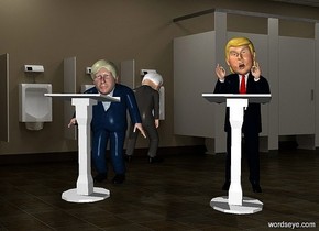 a boris.a donald is 3 feet right of the boris.a 1st 4 feet tall white lectern is in front of the donald.it is facing the donald.a 2nd 4 feet tall white lectern is in front of the boris.it is facing the boris.a joe is 3 feet behind the boris.he is facing north.pale shadow plane.