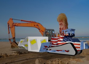  a 100 inch tall [flag] caterpiller bulldozer.a 1st 70 inch tall [adhesive note] cube is in front of the caterpiller bulldozer.a 100 inch tall head is -30 inch above the bulldozer.a 2nd 50 inch tall [adhesive note] cube is in front of the 1st cube.the 2nd cube leans 40 degrees to left.a 3rd 40 inch tall [adhesive note] cube is in front of the 2nd cube.the 3rd cube leans 30 degrees to right.