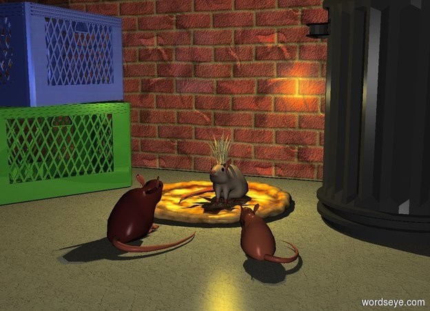 Input text: It is night. The sky is dark grey. The ground is 0% dull texture. The pizza. The first rat is on the pizza. The second rat is in front of the pizza. The second rat is brown. The second rat is facing the first rat. The third clay red rat is 4 inches to the right of the second rat. The third rat is facing the first rat. The third rat is .4 feet tall. The 5 inch tall crown is on top of the first rat. The gold light is 2 inches inside the crown. The vanilla light is 1 inch inside the crown. The 3 foot tall dull wall is .8 feet behind the pizza. The wall is [brick]. The can is 2 inches to the right of the pizza. The first crate is 4 inches to the left of the pizza. The first crate is facing the second rat. The first crate is dull fresh green. The second crate is on top of the first crate. The second crate is dull sea blue. The second crate is facing the first rat. 