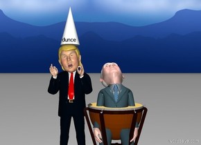 a trump is left of a pence. a big cone is -.1 foot above the trump. a 3 foot tall drum is -5.25 feet above the pence. a very tiny black "dunce" is in front of and -1.9 feet above the cone. it is noon. 