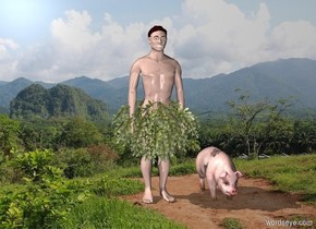 a man crying on the forest
with a pig