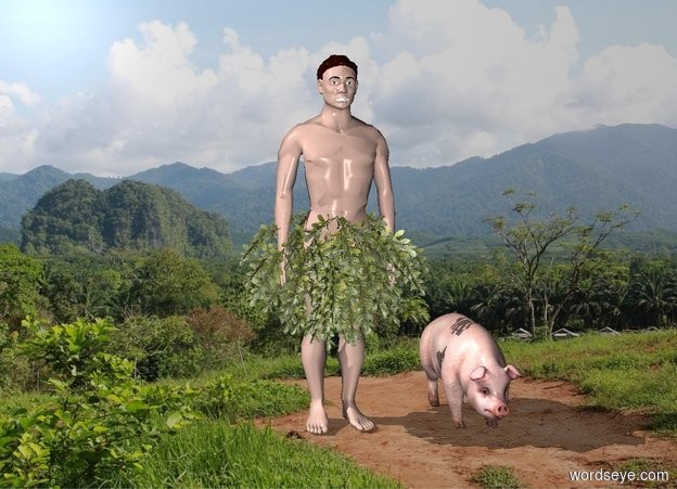 Input text: a man crying on the forest
with a pig