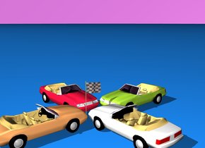 The ground is dodger blue. The sky is violet. There is a checkerboard flag. There is a yellow-green car one foot to the right of the flag. The car is facing the flag. A second sandy brown car is one foot to the left of the flag. The second car faces the flag. A third crimson car is one foot north of the flag. The third car faces the flag. A fourth white smoke car is one foot south of the flag. The fourth car faces the flag.