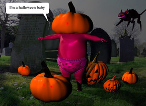 the 1st pumpkin is in the graveyard. it is 7 inches in the baby. a 2nd small pumpkin is to the right of the baby. a third pumpkin is -1 foot to the left and in front of the baby. a 4th pumpkin is behind and -1 foot to the right of the baby. a 5th small pumpkin is 6 inches to the right of the fourth pumpkin. it is facing back. a 6th small pumpkin is 1.5 foot to the left of the fourth pumpkin. the small cat is a foot above the 5th pumpkin. it is facing southwest. it is leaning 10 degrees to the back. the ambient light is black. 
the purple light is 1 foot above and 1 foot in front of the 1st pumpkin. it is 2 feet to the left of the 1st pumpkin. the magenta light is above and 1 foot in front of the third pumpkin. the camera light is black. 