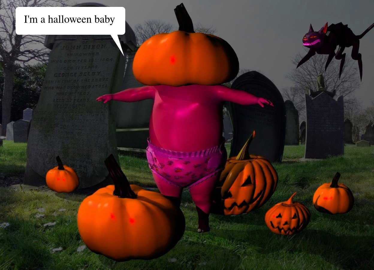 Input text: the 1st pumpkin is in the graveyard. it is 7 inches in the baby. a 2nd small pumpkin is to the right of the baby. a third pumpkin is -1 foot to the left and in front of the baby. a 4th pumpkin is behind and -1 foot to the right of the baby. a 5th small pumpkin is 6 inches to the right of the fourth pumpkin. it is facing back. a 6th small pumpkin is 1.5 foot to the left of the fourth pumpkin. the small cat is a foot above the 5th pumpkin. it is facing southwest. it is leaning 10 degrees to the back. the ambient light is black. 
the purple light is 1 foot above and 1 foot in front of the 1st pumpkin. it is 2 feet to the left of the 1st pumpkin. the magenta light is above and 1 foot in front of the third pumpkin. the camera light is black. 