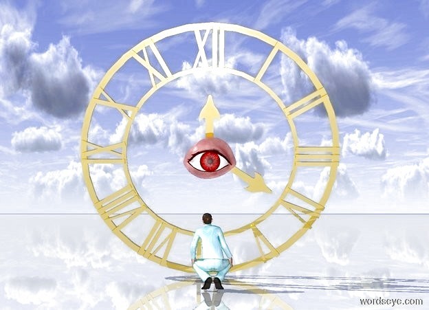 Input text:  the ground is shiny. a giant golden clock. the clock leans 15 degree forward. the degree is invisible. a tiny man looking up.tiny man is in front of clock. man is facing clock. man is made of water. dim sky 30%. a giant eyeball 4 inches behind the man. eyeball is 6 inches above man. the eyeball is dark red.