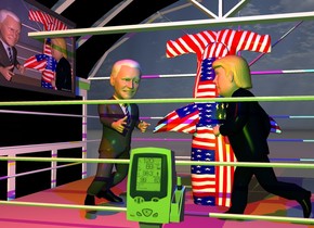 The boxing ring is 20 feet in the car wash. The body of the boxing ring is tan.  The Biden is in the boxing ring. He is facing right. He is 6 feet tall.  He is leaning 10 degrees to the front. The Trump is 2 foot to the right of Biden. He is facing left. A [flag] hammerhead shark is behind and -1 foot to the right of Biden. It is 5 feet tall. It is 10 feet in the boxing ring. It is leaning 90 degrees to the back. The monitor is above and to the left of the boxing ring. It is facing right. It is 5 feet tall.  The display screen of the monitor has a [display] image. A second monitor is in front of the boxing ring. It is 6.2 feet tall. The red light is 2 feet above and three feet in front of Biden. The blue light is 3 feet to the right of the red light. The chartreuse light is 1 foot above and 3 feet in front of the second monitor. The camera light is black. 