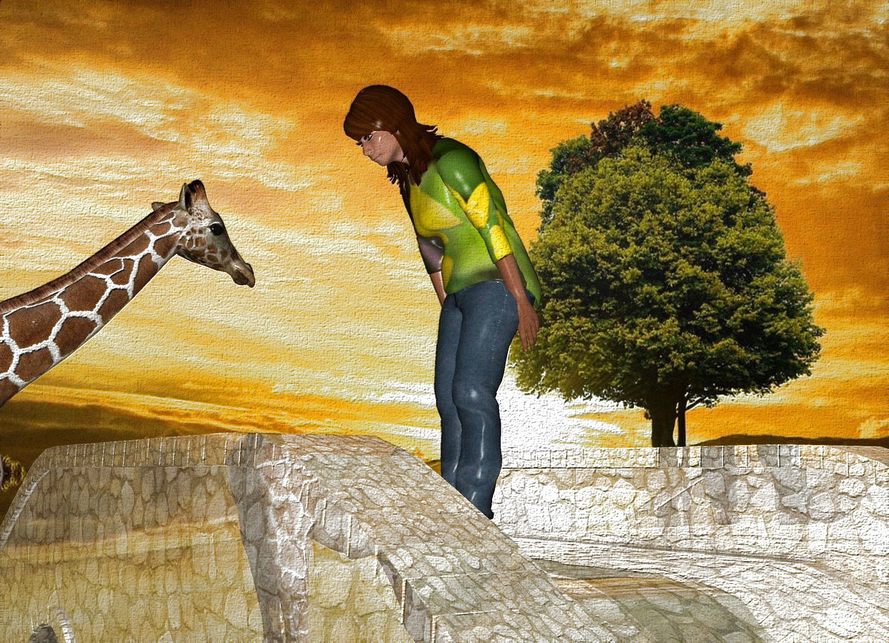 Input text: a shiny bridge.a woman is -12 inches above the bridge.clear ground.the woman's shirt is flower.a 6 feet tall giraffe is -15 inches in front of the bridge.it is facing north.