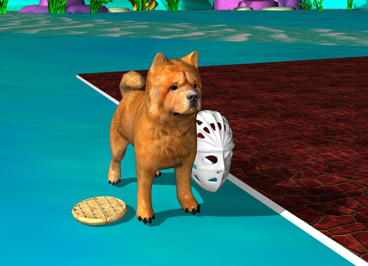 Input text: A tiki mask is laughing. A dog is eating food. There is blood on the floor.