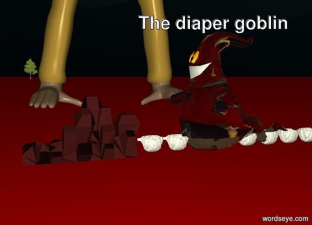 Input text: The ground is red and the beach is red. It is evening. There is a goblin on the beach. The goblin is surrounded by 20 diapers. 4 meters behind the goblin is a 10 meter tall gibbon. 100 meters behind the goblin is a tree. The goblin is facing left. Under the gibbon is a light brown rock.