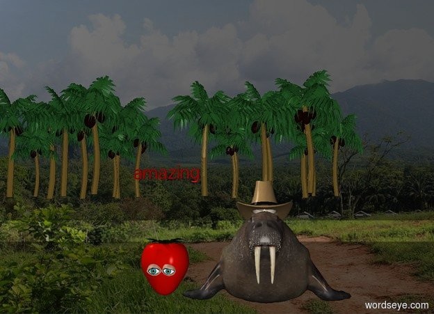 Input text: There is a 15 meter tall jungle. There is a 7 meter tall walrus. The walrus is 2 meters in front of the jungle. The walrus is 3 meters below the jungle. There is a 4 meter tall cowboy hat. The cowboy hat is 2.5 meters above the center of the walrus. There is a 5 meter tall strawberry to the left of the walrus. There are 1 meter tall eyes in front of the strawberry. The eyes are 1 meter above the top of the strawberry. The 6 meter long "amazing" is 5 meters above the strawberry.
The "amazing" is red. There is a 15 meter tall jungle to the left of the jungle.

