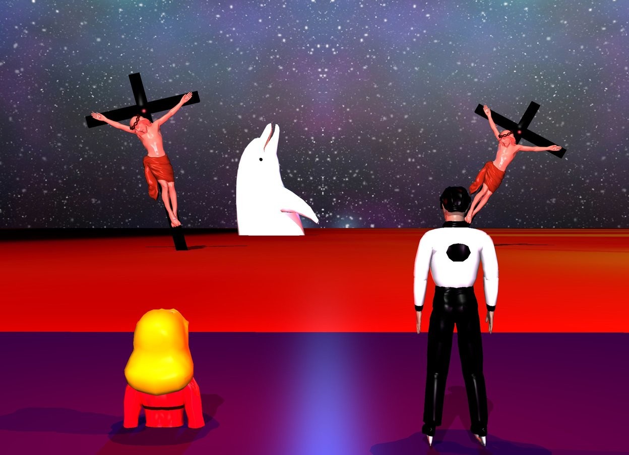 Input text: The sky is stars . The ground is water. There is a 40 foot tall white dolphin. The dolphin is leaning 90 degrees to the back. The dolphin is 45 feet in the ground. A very enormous dark purple rectangle is 150 feet to the left of the dolphin. The rectangle is above the ground. A marble is on the rectangle. There is a very small man. The man is 1 inch in front of and 15 feet to the right of the marble. The man faces the dolphin. There is small shiny red woman 15 inches behind and .5 inches to the right of the man. The woman's clothing is dark red. The woman's hair is orange. The woman is 15 inches in the rectangle. The woman faces the dolphin. A 1st large black cross is 60 feet to the right of and 5 feet in front of the man. The 1st cross faces the man. The 1st cross leans 30 degrees to the left. The 1st cross is 5 feet in the ground. A 2nd large black cross is 50 feet to the right of and 4 feet behind the woman. The 2nd cross leans 15 degrees to the right. The 2nd cross is 5 feet in the ground. The 2nd cross is facing the woman. A 1st gigantic cyan light is 20 feet above the ground and 50 feet to the left of the dolphin. A 1st red light is in front of the 1st cross. A 2nd red light is in front of the 2nd cross. A 1st white light is to the left of the 1st cross. A 2nd white light is to the left of the 2nd cross. A 3rd red light is above the woman. A 2nd red light is above the man. A purple light is above the marble. A blue light is above the cyan light. A gigantic yellow light is to the right of the dolphin.
