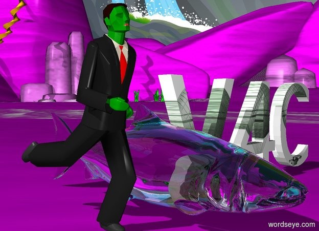 Input text: The 20 inch tall green man is next to a transparent salmon
the ground is purple. The 15 inch tall green word "V4C" is to the right of the salmon