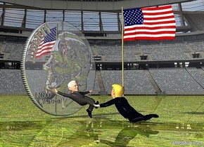 a 12 feet tall shiny dime.a joe is in front of the dime.a donald is in front of the joe.he is facing the joe.a big flag is 1 feet right of the donald.it is facing west.ground is shiny grass.