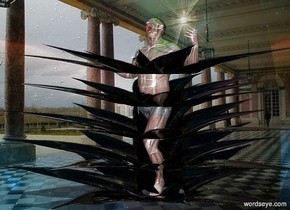 a shiny man.a 1st black splash is -8 feet left of the man.a 2nd black splash is above the 1st splash.a 3rd black splash is above the 2nd splash.a 4th black splash is above the 3rd splash.a 5th black splash is above the 4th splash.shiny backdrop.silver ground.sky is fantasy.a green light is 1 feet above the man.