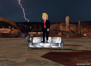 Donald is on a [15768 ] couch. the large silver sphere is 2 foot to the left of donald