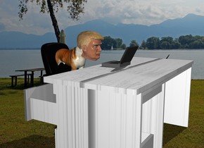 The lake backdrop. The chair is -1 foot in front of the white wood desk. It is facing back. A dog is 1.5 feet in the chair. It is facing back. The computer is on the desk. The head is -9 inches behind and -9 inches above the dog. It is facing back. 
