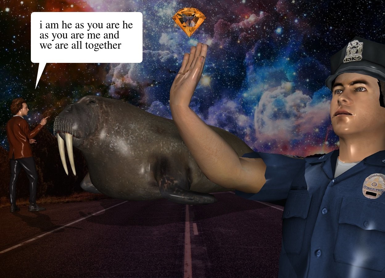 Input text: the fantasy backdrop. the man is 1 foot in front of the huge walrus. he is 9.5 feet tall. he is facing back. the policeman is 14 feet in front and 25 feet to the right of the walrus. he is leaning 20 degrees to the back. the large diamond is -9 inches above and -1.4 foot in front of the policeman. 