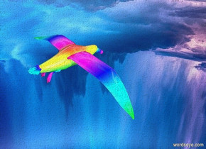 a shiny rainbow bird is 30 feet above the ground.silver ground.