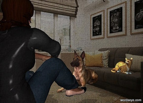 a dog.a woman is in front of the dog.she is facing the dog.a cat is -15 inches above the dog.it is right of the dog.the cat is behind the dog.pale shadow plane.a lilac light is behind the woman.a 50% yellow light is left of the dog.the cat is facing southeast.