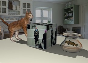 the [bernie] cube is on the large table. the kitchen backdrop. the cat is -4 inches to the left of the cube. the cat is 20 inches tall. it is facing right. it is leaning back. it is -4 inches above the table.  the glass vase is 5 inches to the right of the cube.

the fish is -6.5 inches above the vase. it is 3 inches tall. it is facing left. it is orange. it is leaning 10 degrees to the back. 