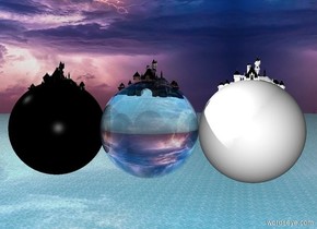 A very tiny white castle is inside a humongous white sphere.

The sphere is fifty feet above the watery ground.

A very tiny black castle is inside a humongous black sphere.

The sphere is fifty feet above the watery ground.

A very tiny glass castle is inside a humongous glass sphere.

The sphere is fifty feet above the watery ground.

