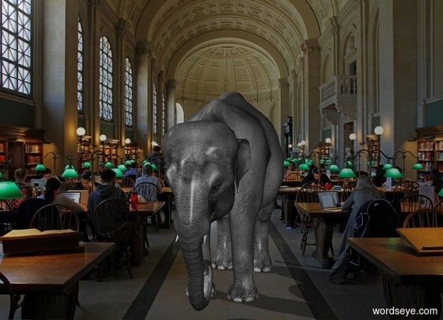 Input text: A light grey elephant is in a library.